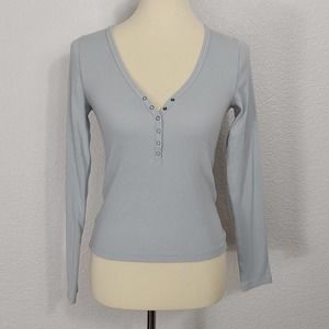 Abercrombie & Fitch Blue Ribbed Knit Long Sleeve Henley Top Women's Small